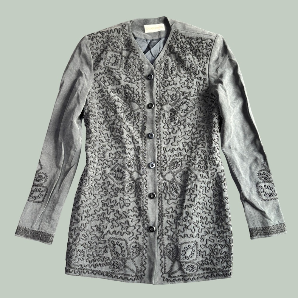 Dana Buchman Womens Silk Blazer 2 Gray Embroidered Soutache Longline Jacket Gala